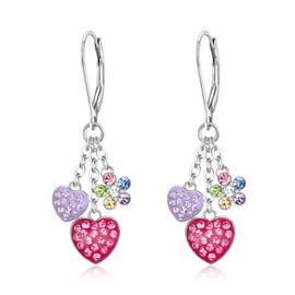 EVER FAITH Heart Earrings for Girls, Hypoallergenic Girls Hoop Earrings with 3 Cute Dangle Safe Leverback Jewellery Gifts, Cubic Zirconia Zirconia enamel