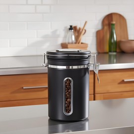 LAOMAND Coffee Canister with Window, 22OZ Airtight 304 Stainless Steel Food Storage Container, Home Kitchen Sugar Organizers Jar with Scoop for Beans, Rice,Tea, Flour, Cereal, Black