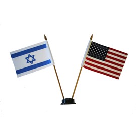 USA & ISRAEL Small 4 X 6 Inch Mini Double Country Stick Flag Banner with BLACK STAND on a 10 Inch Plastic Pole .. New