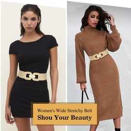 Glamorstar Women Wide Stretchy Belts Elastic Waist Belts for Dresses Beige Gold 85cm/34in