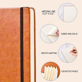 Ruled Notebook for Work with Inner Pocket, Hardcover Writing Notebook with with Pen Holder, Book Mark + 158 Pages, 8.4 x 5.7 in - Brown