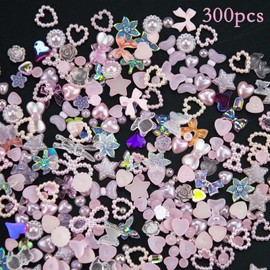 300Pcs Assorted Pink Pearl Nail Charms Acrylic Multi Shapes Pink Heart Flower Butterfly Bowknot 3D Nail Charms Pink Heart Star Bow Pearls Nail Charms for Manicure DIY Crafts Jewelry Accessories