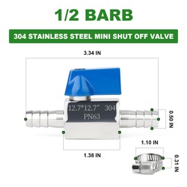 TAISHER 2PCS 304 Stainless Steel 1/2" Mini Ball Valve Shut Off Switch, 1/2" Hose Barb with 4PCS Hose Clamps