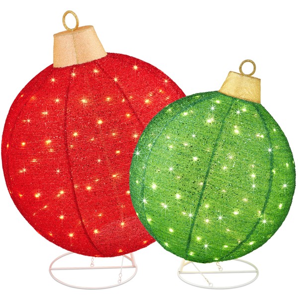Best Choice Products 2pc Large Outdoor Christmas Ornament Set, Lighted Pop-Up Ball Holiday Decoration w/ 180 Warm White LED Lights, 8 Light Functions, Stand, 8 Ground Stakes - Red/Green