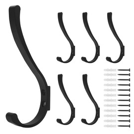 6 Pack Large Wall Hooks for Hanging, Heavy Duty Large Coat Hanger, Wall Mounted Bag Hooks for Coats, Backpack, Purse, Robe, Hat, Jacket, Key, Black