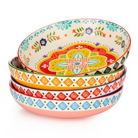Signature Housewares Marrakesh 36 OZ Shallow Dinner Bowls/Deep Plates Perfect for Spaghetti and Salads - Set of 4 - Large Ceramic Bowls - Colorful Handpainted Pasta Bowls