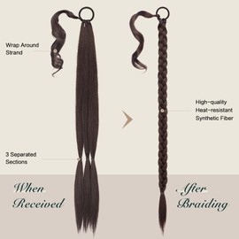 FESHFEN Long Braided Ponytail Extensions with Hair Tie, 26 inch Dark Brown Straight Wrap Around Hair Piece Ponytails for Women Synthetic Pony Hairpieces for Daily Wear