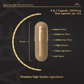 ApexBlends 3-in-1 Shilajit, Sea Moss & Lion’s Mane Capsules – High Strength, 90 Vegan Capsules – Energy, Focus & Immune Support, Mineral-Rich Supplement
