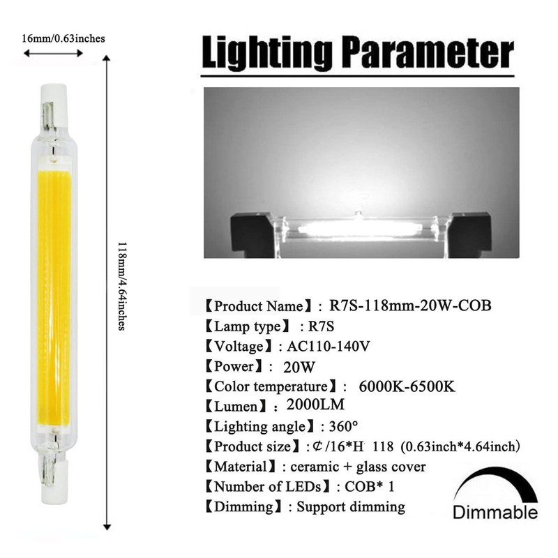 118mm 20W R7S LED Bulb (2 Pack) 100W Halogen Equivalent