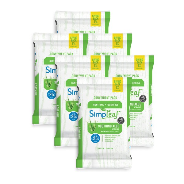 Simpleaf Flushable Wet Wipes For Adults - Eco- Friendly, Paraben & Alcohol Free - Septic Safe, Hypoallergenic for Sensitive Skin - Infused with Soothing Aloe Vera & Vitamin E, 6 Pack (25 Count)