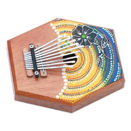 NOVICA Artisan Handcrafted Teak Wood Kalimba Thumb Piano Floral from Bali Multicolor Brown Woodsteel Indonesia Musical Instruments Keyboards [2.4in H x 7.5in W x 6.25in D] ' Hibiscus Melody'