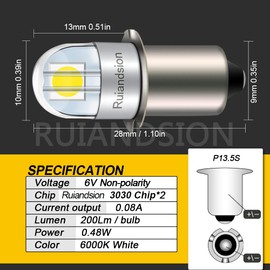 Ruiandsion P13.5S LED Bulb 6V Non Polarity White 200LM for Flashlights Torch Lights Pack of 2