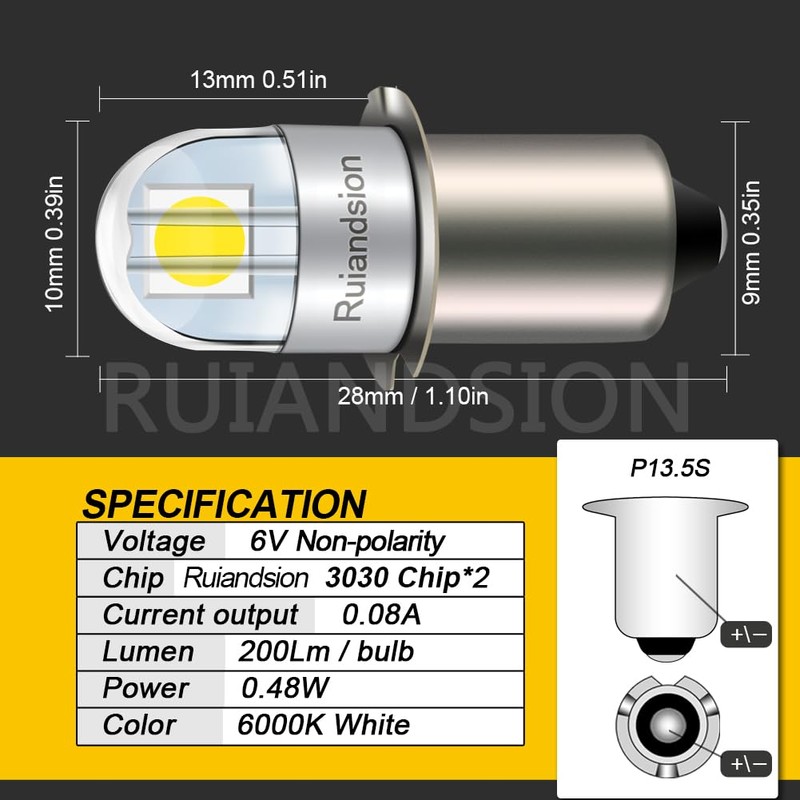 Ruiandsion P13.5S LED Bulb 6V Non Polarity White 200LM for