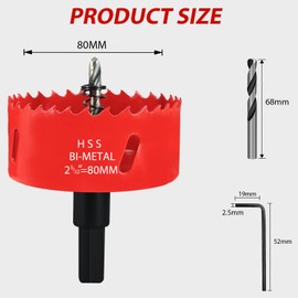 KACNON Hole Saw 80 mm, Universal High-Speed Steel HSS M42 Bi-Metal Hole Saws with Hex Shank and Drill, Complete Sizes, for Wood, Plastic, Plasterboard, Sheet Metal, Red