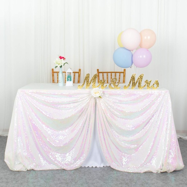 ShinyBeauty Square Tablecloth 72x72-Inch Sequin Tablecloth Overlay Iridescent White Table