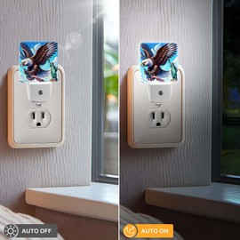 Jahiona LED Night Light Lamp with Smart Sensor Dusk to Dawn Sensor,Bald Eagle Fly Carry Furled American Flag in Talons with Statue of Liberty Night Light Daylight White,0.5W Plug-into Wall for Adults
