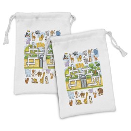 Ambesonne Word Search Game Fabric Pouch Set of 2, Zoo Themed Game with Different Animals Numbers and Words Print, Small Drawstring Bag for Toiletries Masks and Favors, 9" x 6", Multicolor