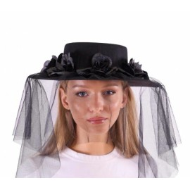 BEYOND MASQUERADE Steampunk Plague Doctor Flat Top Hat - Black Hat with Veil and Black Roses USA