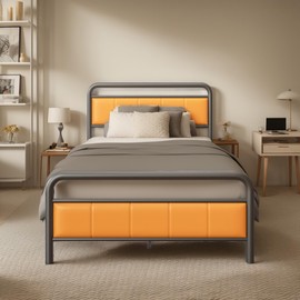 soges Twin Platform Bed with Upholstered Headboard and Footboard, Heavy Duty Metal Slats Support Bed Frame, No Box Spring Needed, Under-Bed Storage, Noise Free, Easy Assembly, Orange