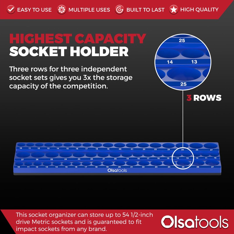 Olsa Tools Magnetic Socket Organizer (1/2-Inch Drive, 3 Row) -