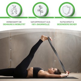 BACKLAXX ® Cotton Yoga Strap (Grey) - Sustainable Yoga Accessory Set, Yoga Strap 250 cm Long with Practical Metal Clasp - Yoga Set Ideal for Yoga, Pilates and Stretching Including Application Video