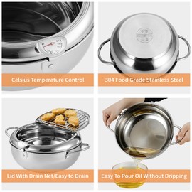 YLARMY Deep Fryer Pot, 9.4 Inch/3.4L Janpanese Tempura Frying with Lid, Stainless Steel thermometer deepfryer with Temperature Control and Oil Drip Drainer Rack, Kitchen French Fries maker