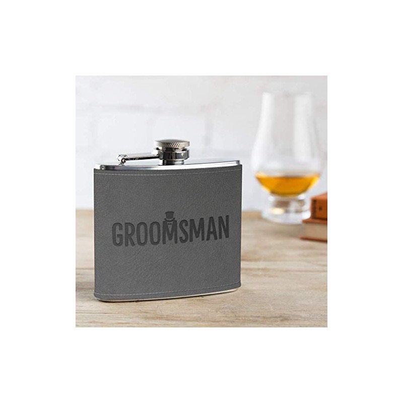 Groomsman Gift for Wedding - Groomsman Engraved Grey Leather Hip