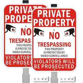Private Property No Trespassing Signs with 36 inch Stakes, 14x10 Inches Fade Resistant Aluminum Video Surveillance Warning Sign, 2Pack