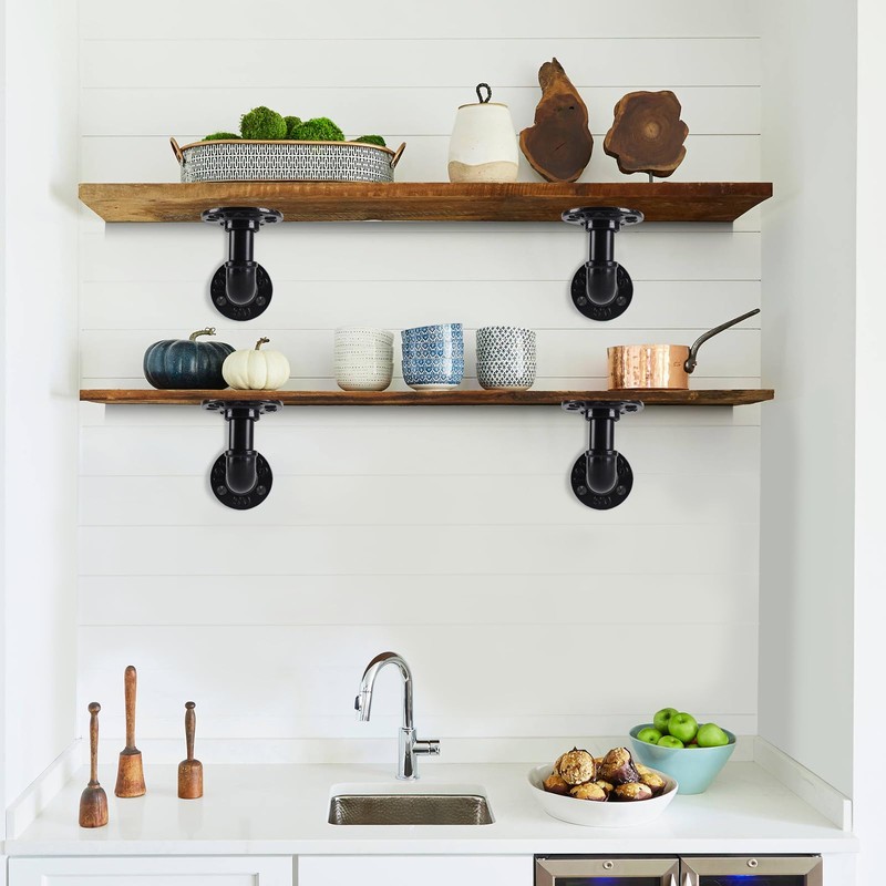 HBLYJS L-Shaped Industrial Pipe Shelf Brackets, Black Metal Wall-Mounted Floating