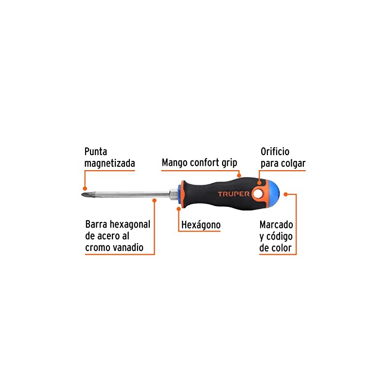Truper DP-1/4X4B, Desarmador de cruz, mango Comfort Grip, 1/4" x