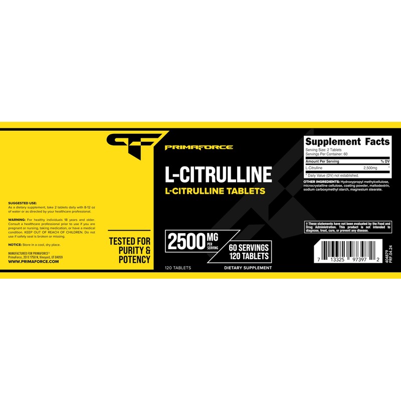 Primaforce L-Citrulline 2500mg per Serving, 60 Servings; 120 Tablets