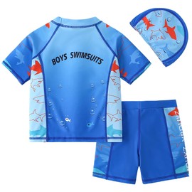AIWUHE Boys Two Piece Rash Guard Swimsuits Toddler Short Sleeve Swimwear Sets Bathing Suit Rashguard and Swim Trunk Set 93 Blue Shark 4XL 7-8Y