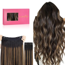 WENNALIFE Wire Hair Extensions (Increase 50% Lifespan) Real Human Hair 14 inch 105g Balayage Natural Black to Chestnut Brown Remy Real Hair Extensions Invisible Wire Human Fish Line