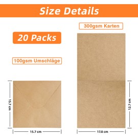 Set of 20 6 x 6 inch blank kraft paper cards with envelopes, 100 gsm envelopes, 300 gsm folding cards for greeting cards, invitations, birthday cards, thank you cards - 15.2 x 15.2 cm