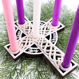 Shellwei Christmas Advent Wreath Candle Holder, Nativity Candle Holder with Celtic Knot Cross Shaped Advent Candle Holder for Christmas Table Centerpiece Decorations Religious Gift(Wood,Beige)