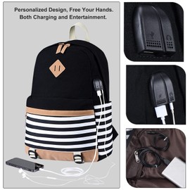 MOTOLIMO Canvas Backpack School Bags for Teenager Girls College Laptop Student Rucksack with Pencil case, Striped Casual Daypacks with USB Charging Port (Black-Strips) One Size