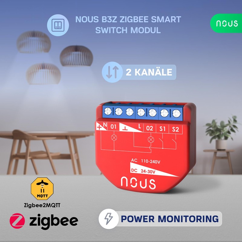 NOUS ZigBee Smart Switch Module mit Leistungsmessung, 2 Kanäle, AC