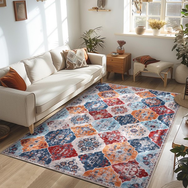 FLYRUGGO Moroccan Trellis Area Rugs - 4x6 Washable Boho Throw