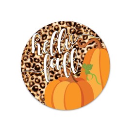 Hello Fall Leopard Print Pumpkin Circle Shaped Fall Wreath Sign 9 Inches Round Metal Sign Bar Family Name Outdoor Metal Wall Decoration Signs Choose Your Sign Metal Signs Custom