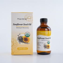 PHATOIL Organic Sunflower Seed Oil for Skin 118 ml (4 fl.oz), USDA Certified Organic, Cold Pressed Sunflower Oil in Glass Bottle for Hair, Body Moisturizer, Carrier Oil for DIY, Massage