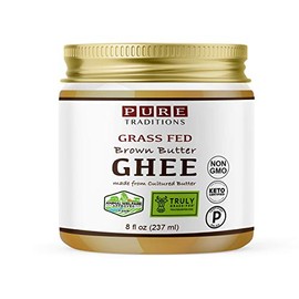 Grass-Fed Cultured Brown Butter Ghee, Certified Paleo, Keto Certified, Truly Grass Fed Certified, Casein and Lactose Free (8 oz) Glass Jar