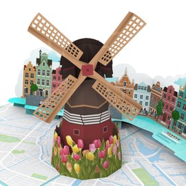 MOKIO® Pop-Up Amsterdam Travel Voucher - Windmill, Tulips and Canals - 3D Birthday Card for a Holland Holiday or as a Voucher for a City Trip for a Birthday