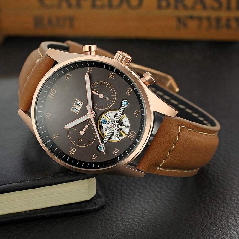 FORSINING Calendar Automatic ​Mechanical Movement Causal Men Wristwatch(Brown)