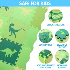 Tamiplay Foam Play Mat for Kids，25Pcs Square Interlocking Puzzle Floor Mat，Baby Play Mat Floor Mat Foam Puzzle Playmat for Toddlers with Fence - Green Dinosaurs