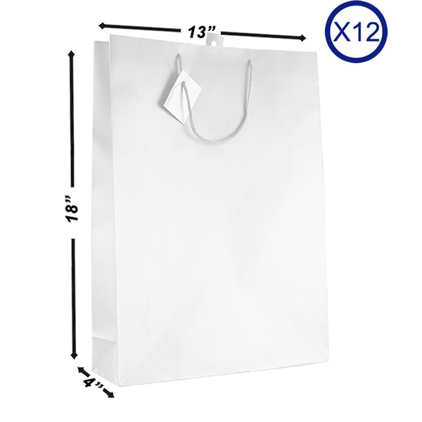 12-PC Solid Color Gift Bags, Matt Laminated, White Color 18" x 13" x 4" X-Large.