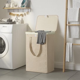 WOWLIVE 100L Laundry Hamper with Lid, Large Foldbale Laundry Basket with 2 Removable Bags and Handles, Tall Collapsible Dirty Clothes Hamper for Laundry Room, Bathroom, Dorm (Wheat)