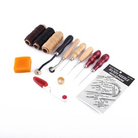 13pcs Kit de Herramienta de Mano de Cuero del Arte Costura de Costura Punzón Fuentes de Costura Dedal de Cera,Agujas para Acolchar a Mano