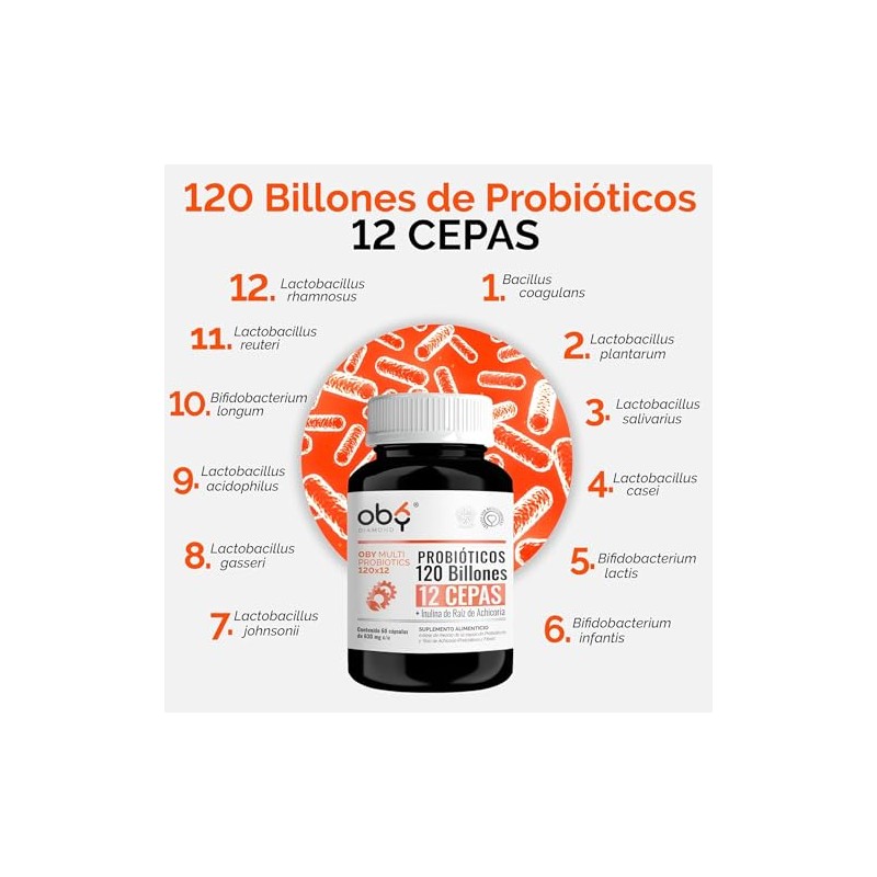 Probioticos 120 Billones de 12 Cepas + Prebioticos. OBY MULTI