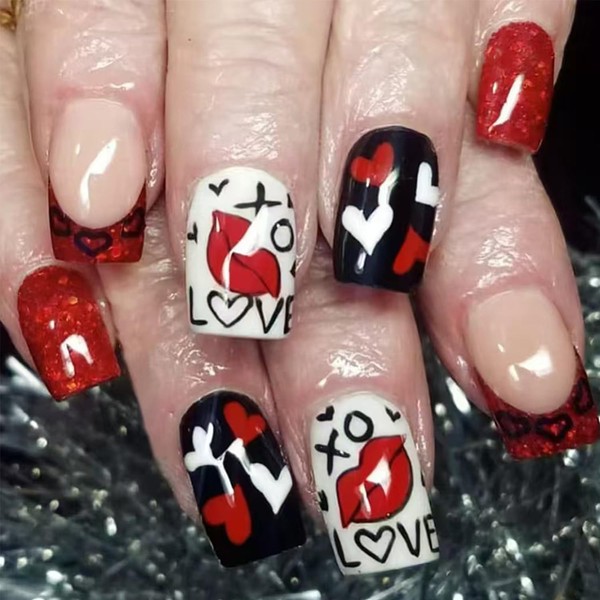 Valentine's Day Press on Nails Short Square Red Lips Red
