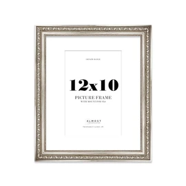 12x10 Silver Ornate Photo Frame With White Mat For 9x6 Picture, Ready to Hang or Stand, 1 Pack